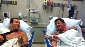 Create meme: Arnold Schwarzenegger and Sylvester Stallone, Schwarzenegger and Stallone in the hospital, Arnold Schwarzenegger