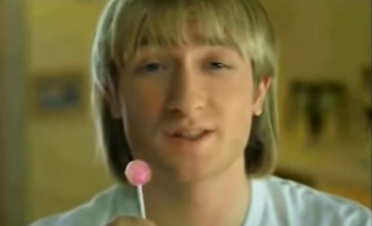 Create meme: evgeny plushenko chupa chups, plushenko chupa chups, advertising chupa chups plushenko