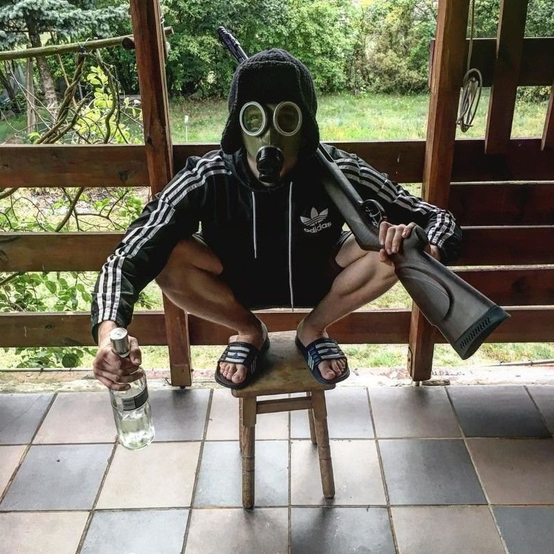 Create meme: cheeki breeki , Thanos , gopnik in a gas mask