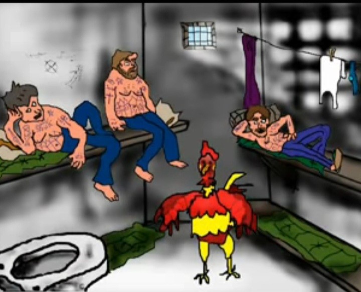 Create meme: a rooster under a horse, A rooster in the caricature zone, cock in the area