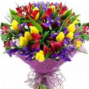 Create meme: irises and tulips, bouquet of spring, spring bouquets of tulips and alstromeria