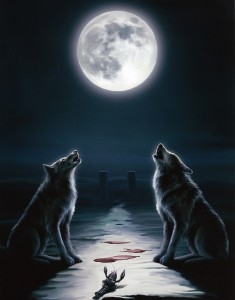Создать мем: волк ауф, ночь звезды луна, волки воющие на луну с надписями