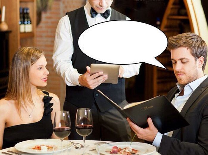 Создать мем: парень и девушка в ресторане, ужин в ресторане, официанты