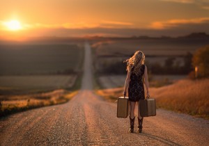 Create meme: sunset road, girl road, girl with a suitcase