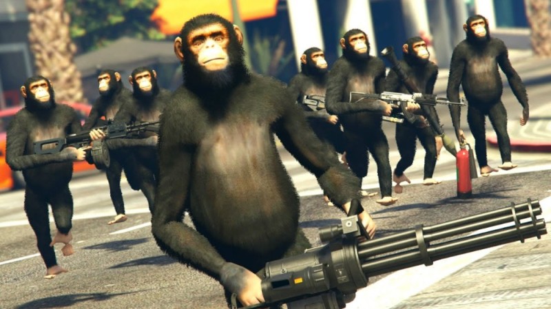 Создать мем: обезьяна в гта на банане, играть в гта 5, обезьяна гта