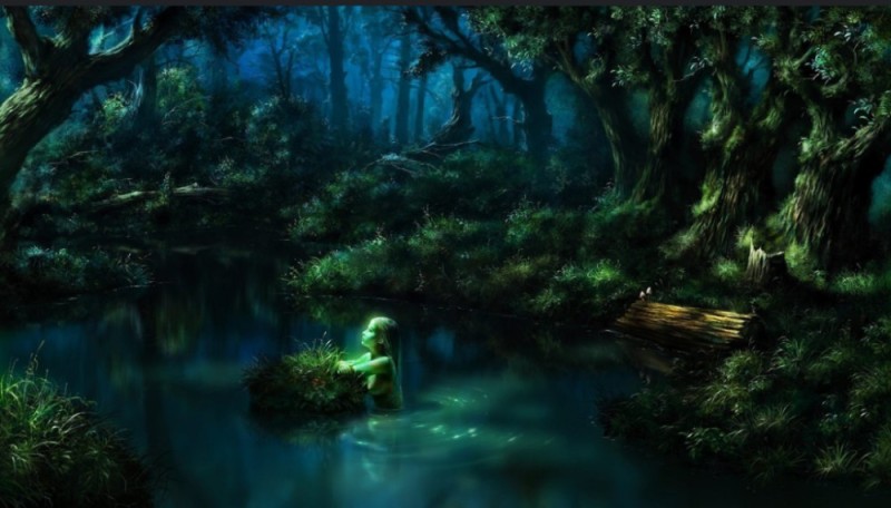 Create meme: night lake in the forest, fabulous lake, fantasy forest