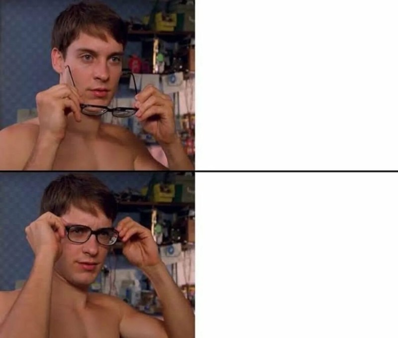 Создать мем: мем питер паркер одевает очки, мемы, очки мем