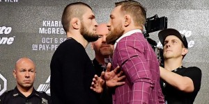 Create meme: Habib and Connor face to face, Khabib Nurmagomedov and Conor McGregor, McGregor Nurmagomedov battle of the views