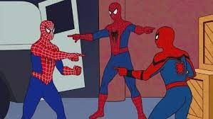 Создать мем: человек паук и человек паук мем, мем 2 человека паука, человек паук показывает на человека паука мем