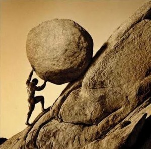 Create meme: sculpture "Sisyphus labor". 1534., sisyphus sculpture, hercules pushes a stone