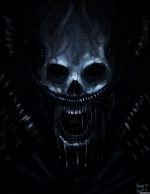 Create meme: scary skull, a face from the darkness, creepy art