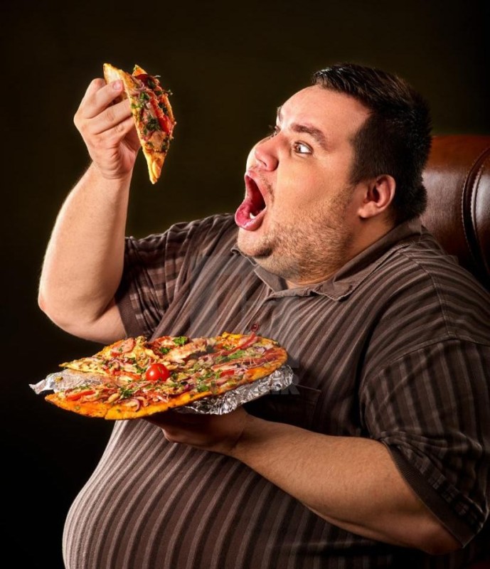 Create meme: fat man with food, fat man with pizza, people eat pizza