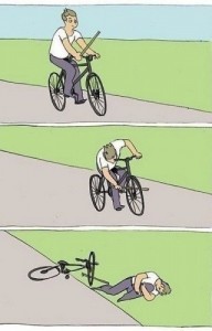 Create meme: meme on a bike with a stick, memes about the bike comics, stick in the wheel meme