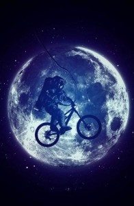 Create meme: Screensaver on your desktop, the moon and bike painting, night rider figure