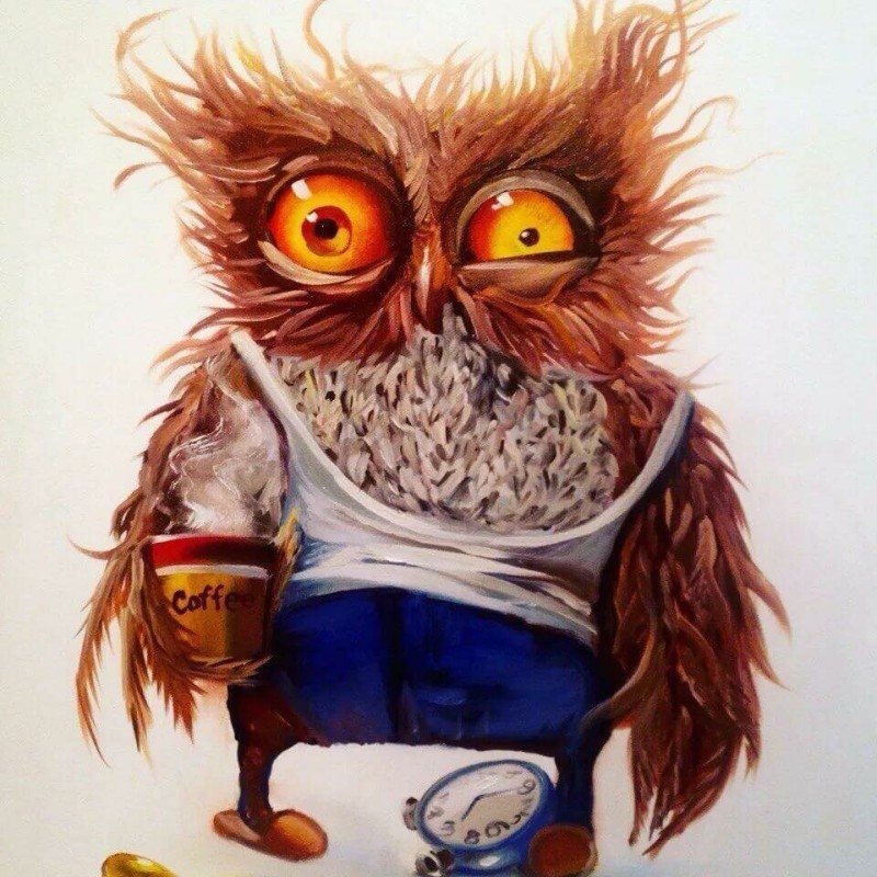 Создать мем: чокнутая сова, сонная сова с кофе, сова с кружкой кофе