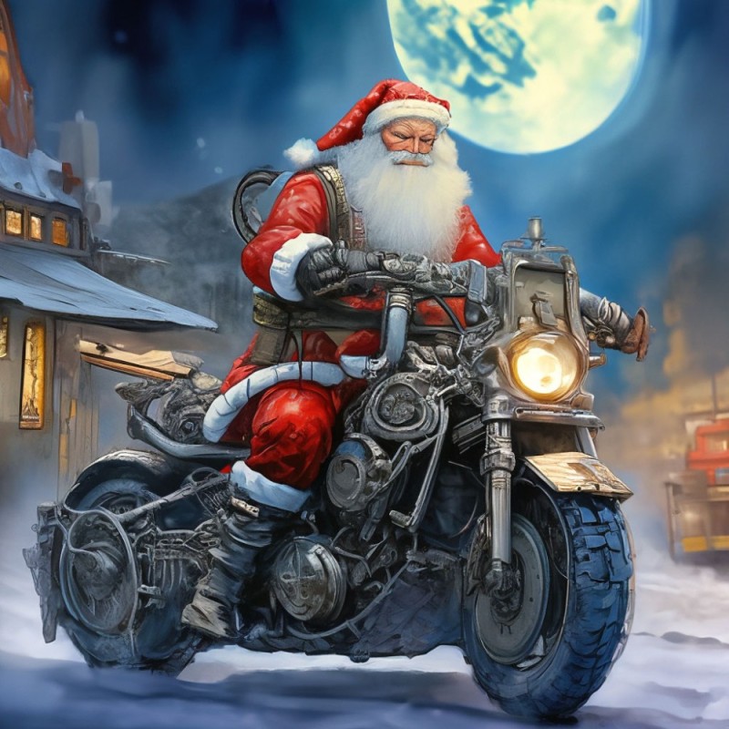 Создать мем: брутальный дед мороз, мото новый год, дед мороз на мотоцикле