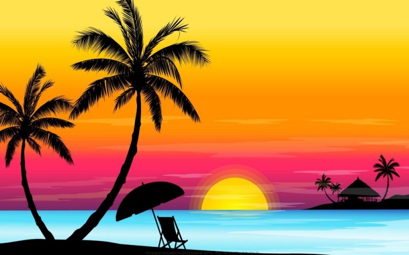 Create meme: sunset beach, sea sun palm trees, sunset palm trees
