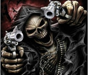 Создать мем: скелет с пистолетом, скелет с ружьем, череп с оружием