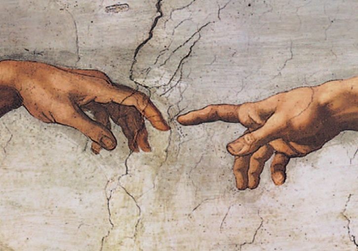 Создать мем: сотворение мира микеланджело руки, фреска микеланджело сотворение адама, сотворение адама