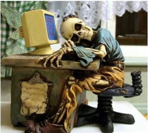 Create meme: the skeleton waited for retirement, sysadmin, skeleton at the computer photo