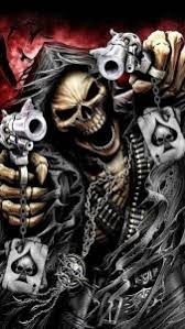 Create meme: skull with guns, skeleton with a gun