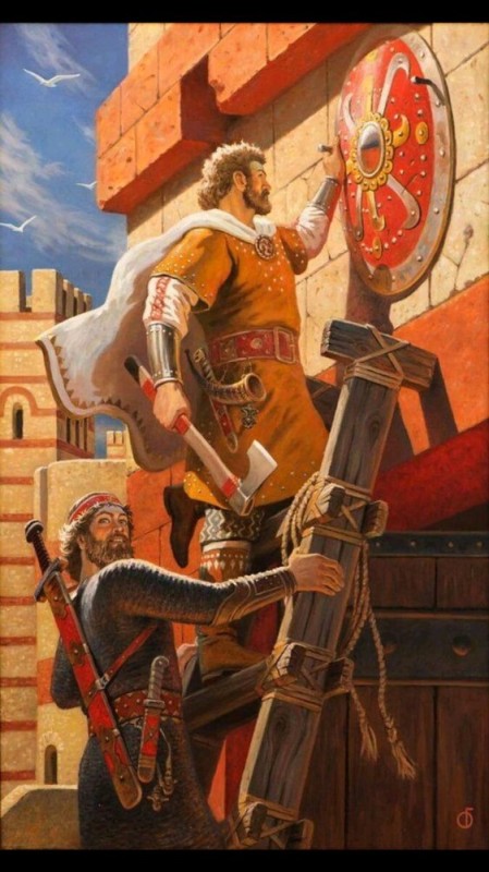 Create meme: shield on the gates of tsargrad, prophetic Oleg hangs a shield on the gates of Tsargrad, Prince Oleg nails a shield on the gates of Tsargrad