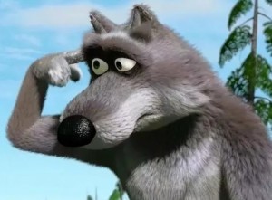 Create meme: wolf Masha and the bear, twists a finger at a temple, wolf with a finger to his temple