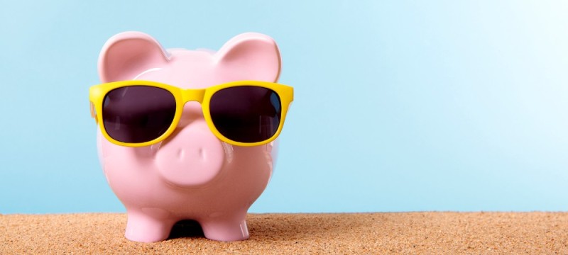Create meme: piggy bank with glasses on the beach, piggy bank glasses, pig with glasses on the beach