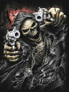 Создать мем: обои на телефон скелет с пистолетом, скелет с пистолетом, скелет с ружьем