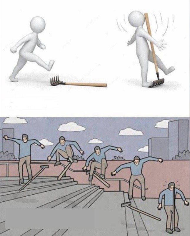 Create meme: shoes , on the same rake, man steps on a rake