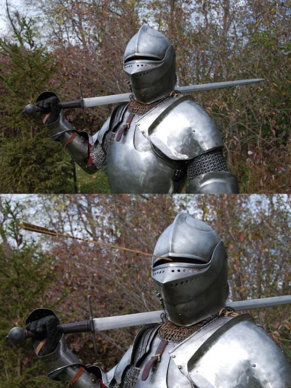 Create meme: armor, meme with knight and arrow, armor of the knights of the middle ages