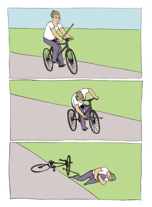 Создать мем: мем с велосипедом и палкой, вставляет палку в колесо мем, мем велосипед
