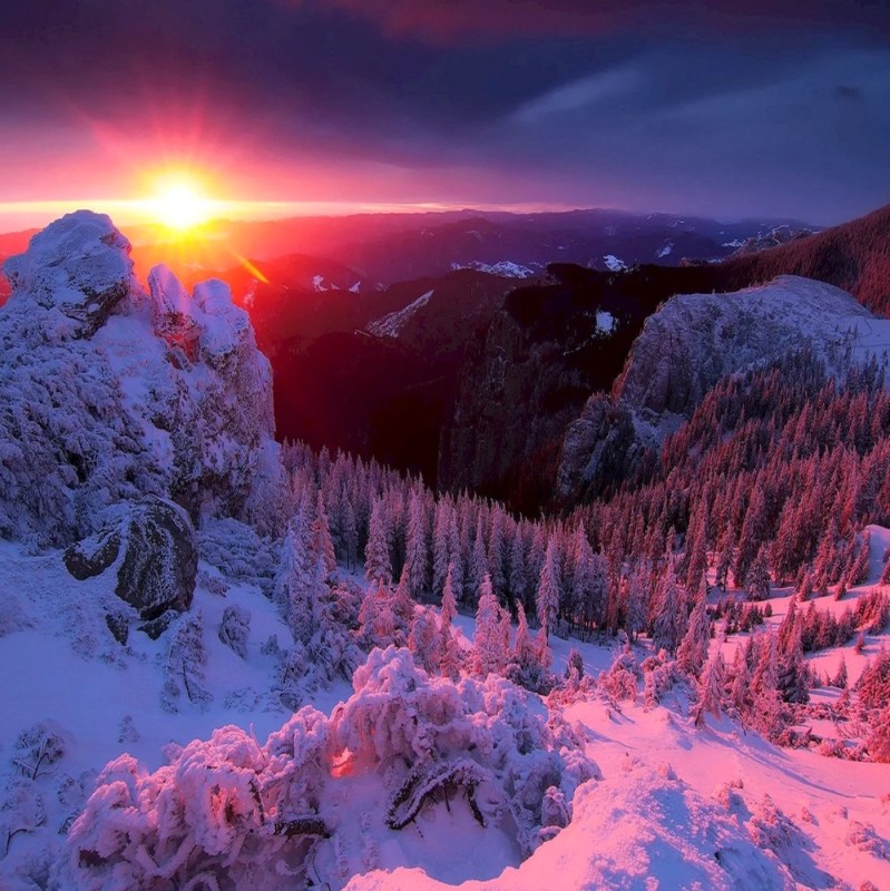 Create meme: winter dawn, beautiful sunset in winter, winter sunset in the mountains