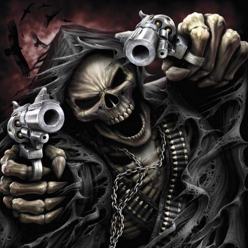 Создать мем: мем скелет с пистолетом, скелет с оружием, скелет с револьвером