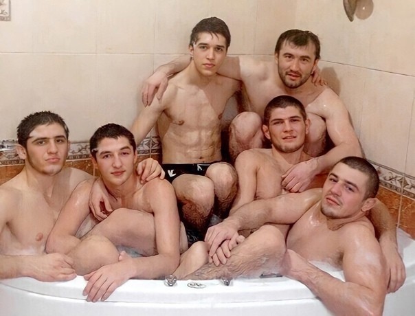 Create meme: khabib in the bath with men, Habib in bathroom with men, Khabib Nurmagomedov in the bathroom with men