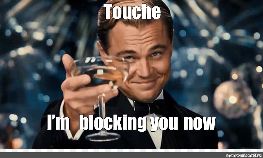 Meme: "Touche I’m blocking you now", , Leonardo DiCaprio raises a...
