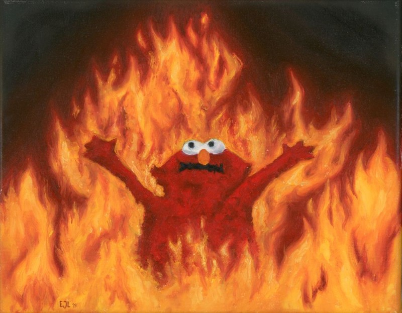 Создать мем: элмо во славу сатане, горящий элмо, злой огонь
