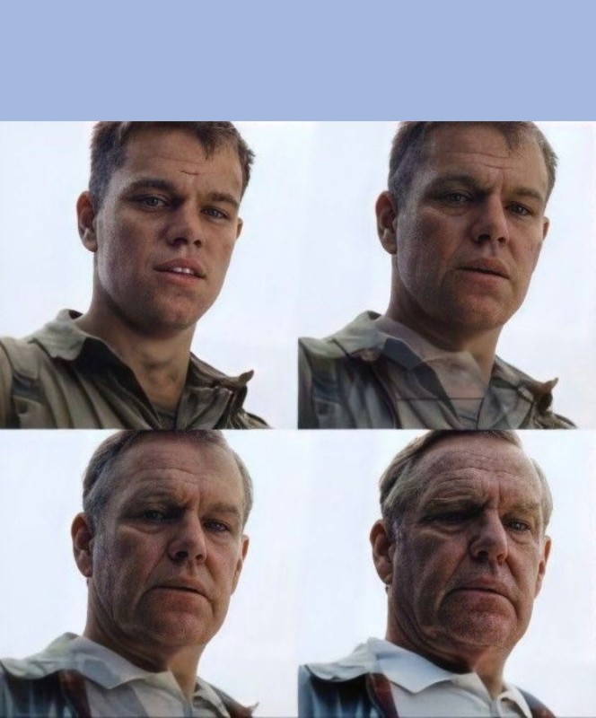 Create meme: an aging Matt Damon, meme an aging Matt Damon, Matt Damon Saving Private Ryan is getting younger