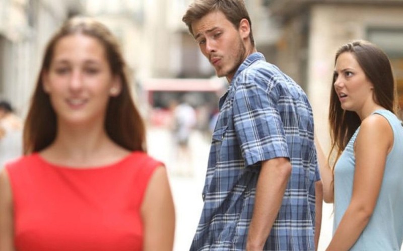 Create meme: meme of a guy with a girl, The guy stared at the other one, the guy turns around
