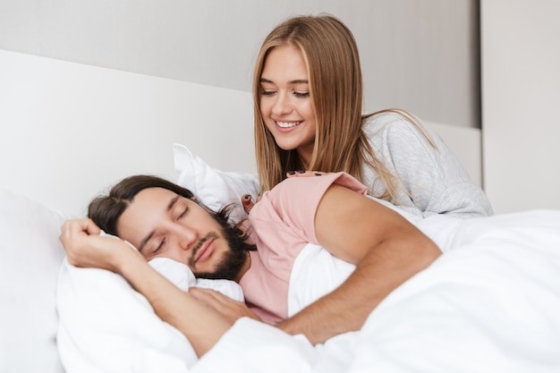 Create meme: girl , young couple , in bed 