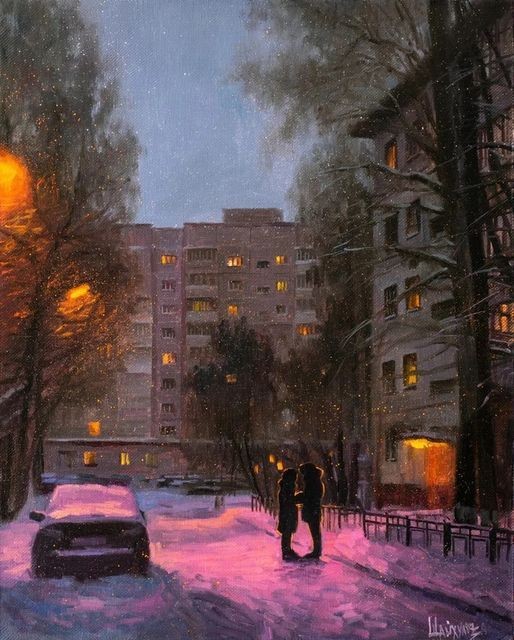 Create meme: winter oil painting, winter city in the evening without people, winter painting
