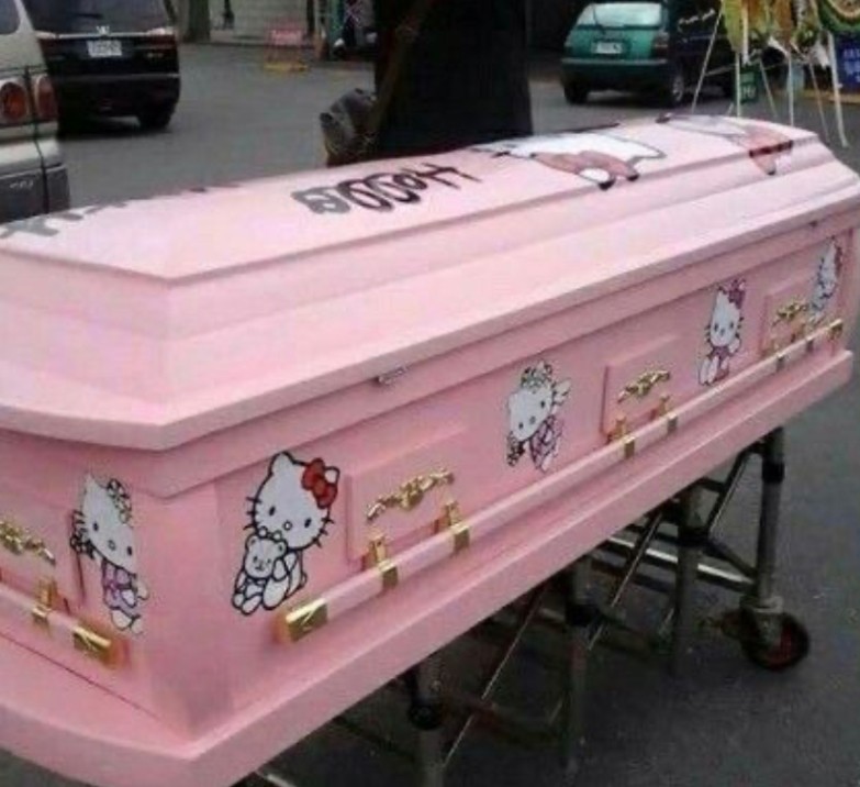 Create meme: The coffin with hello kitty, pink coffin with hello kitty, hello kitty