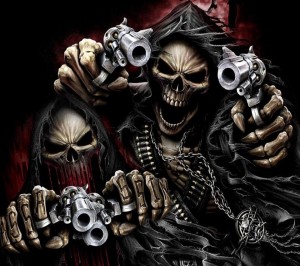 Create meme: angry skeleton, skull with guns, skeleton with a gun