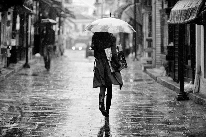 Create meme: black and white rain, A girl in the rain in the city, girl in the rain