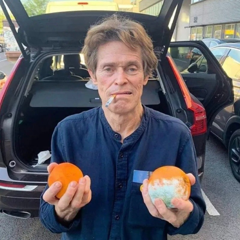 Create meme: Willem Dafoe holds oranges, William Defoe oranges, willem dafoe with oranges