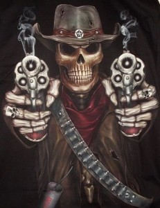 Создать мем: крутой скелет, фотография скелета с двумя пистолетами, скелет с пистолетом