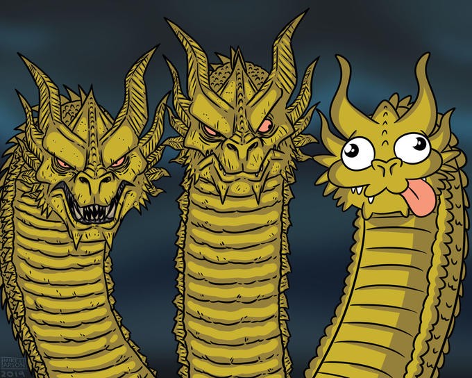 Create meme: three dragon heads, king gidora meme, dragon meme