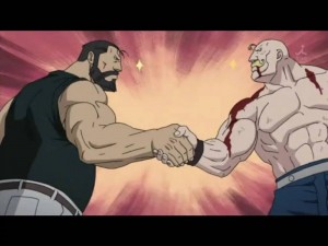 Create meme: Fullmetal alchemist, Fullmetal alchemist meme handshake, Fullmetal alchemist Armstrong handshake