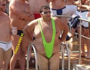 Create meme: mankini, fat guy in leotard Thong, a fat man in a bathing suit
