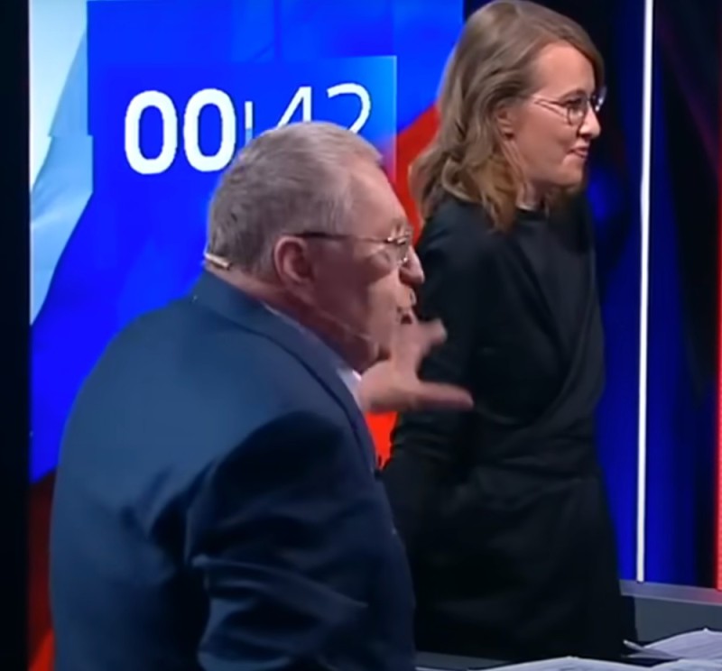 Create meme: Zhirinovsky and Sobchak debate, Sobchak doused Zhirinovsky with water, Sobchak debate